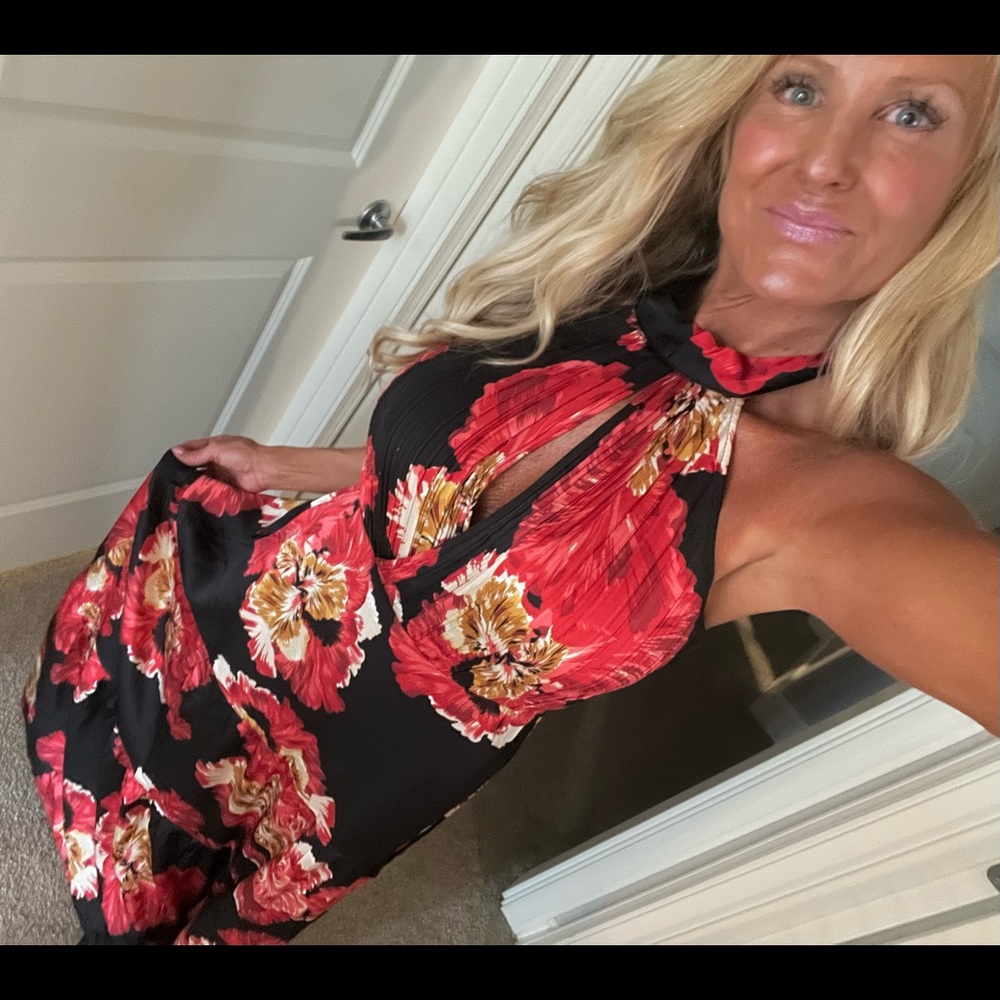 Silky coral and taupe floral maxi halter dress